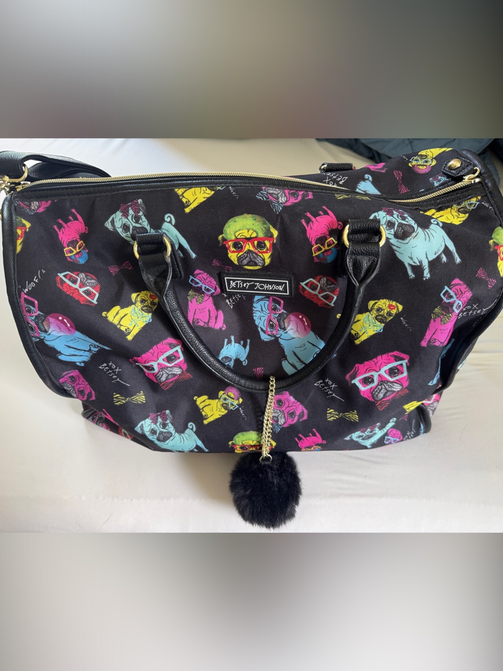 Betsey Johnson Black Tote with Neon Pink, Yellow & Blue Pug Dog Print